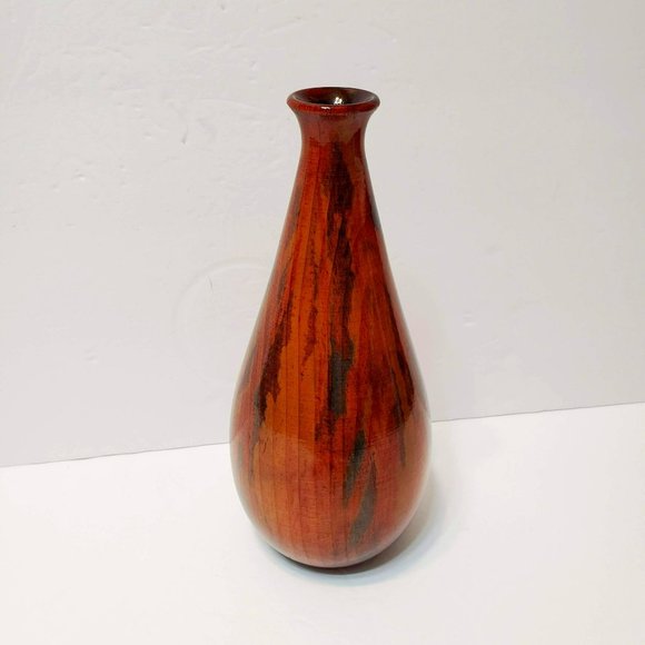 Tall Polished Wood Vase, Multi Color Stain, Lacquered Vase, Hand Crafted 9.5"